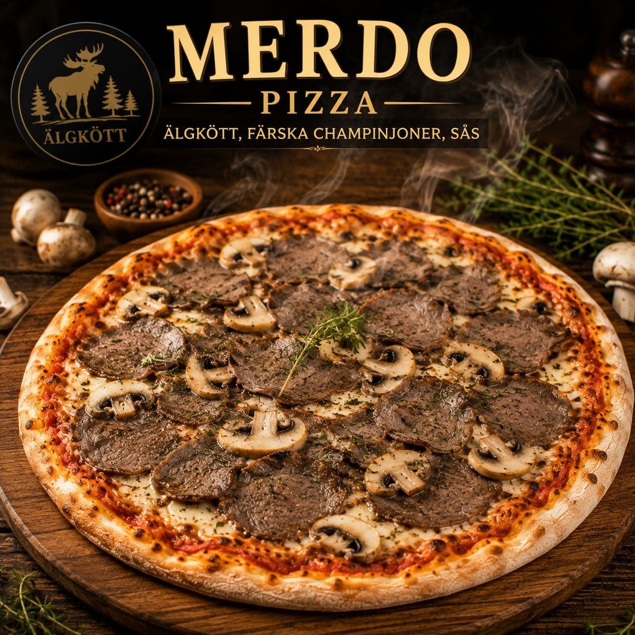 Pizzeria Torino i Mora – Älgköttpizza Merdo med champinjoner och vitlökssås