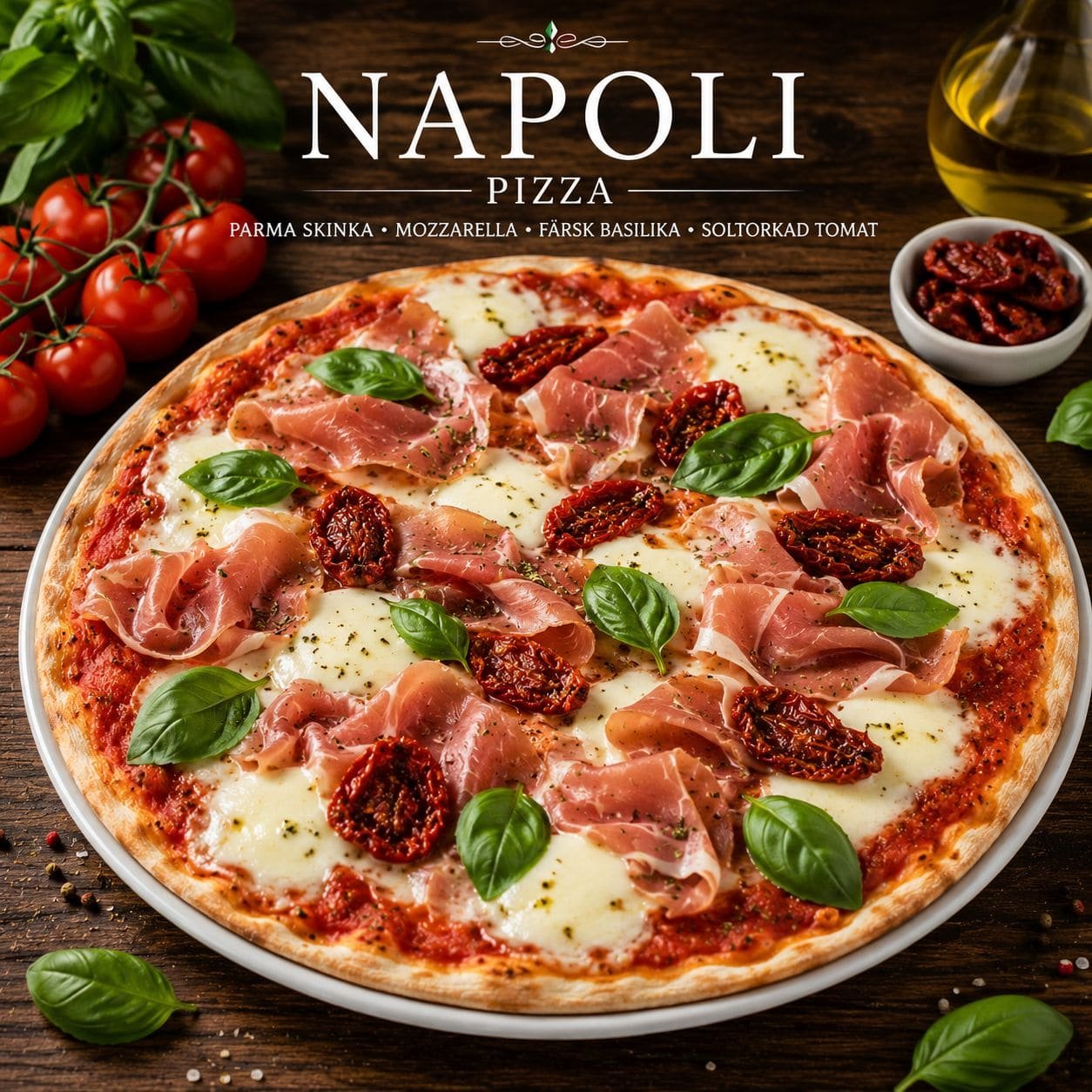 Pizzeria Torino i Mora – Pizza Napoli med parmaskinka och färsk basilika